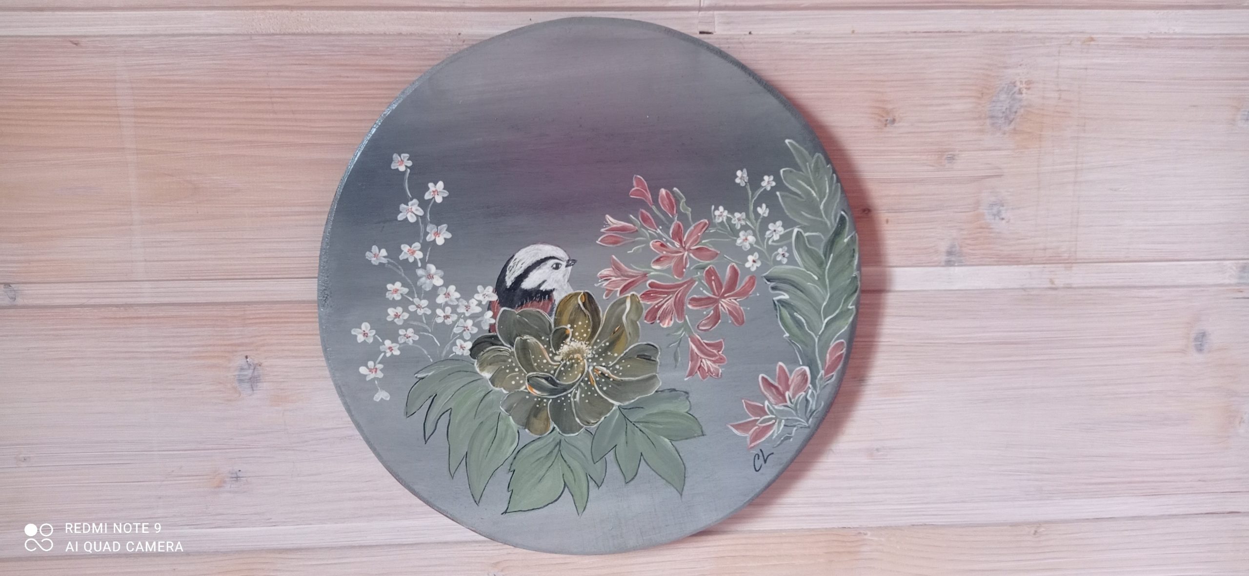 Déco peinture sur rondelle BOIS : MESANGE dans les fleurs